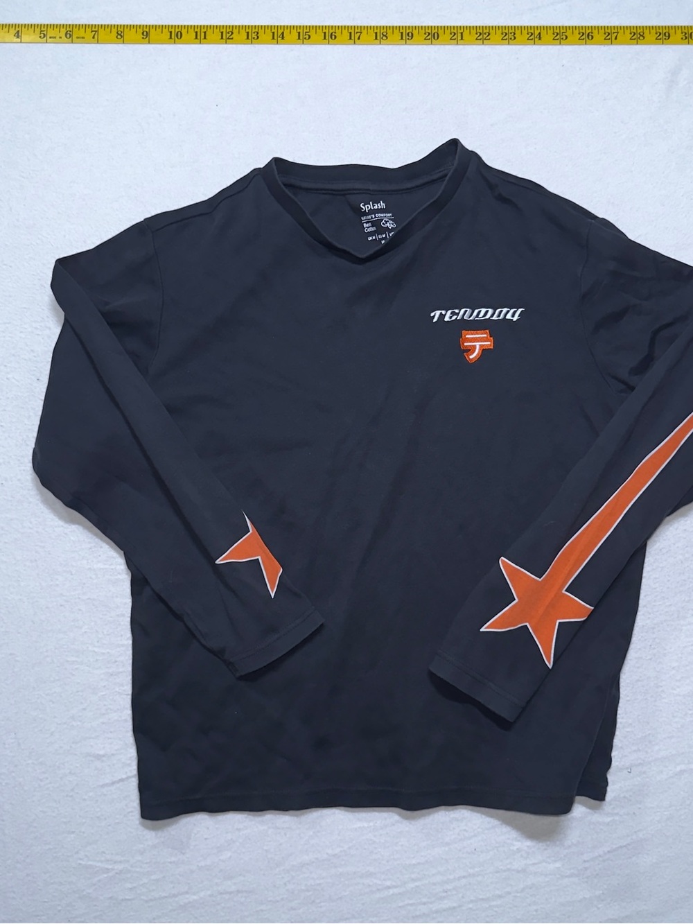 Splash Black Long-Sleeve Graphic Tee with Orange Star Accents
